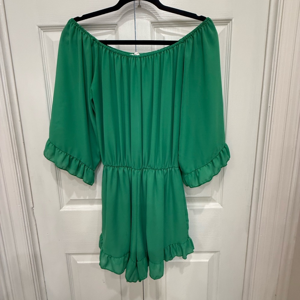 Newbury Kustom Green Off-Shoulder Jumpsuit